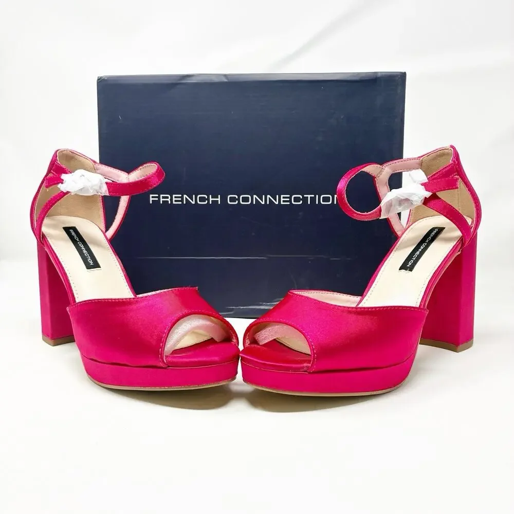 French Connection Pink Satin Block Heel Platform Open Toe Sandal 7 NIB